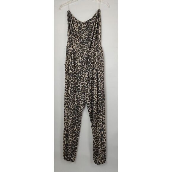 CHERISH Womens Leopard Print Strapless Jumpsuit Waffle Knit Jogger Pant Size M - Picture 3 of 10